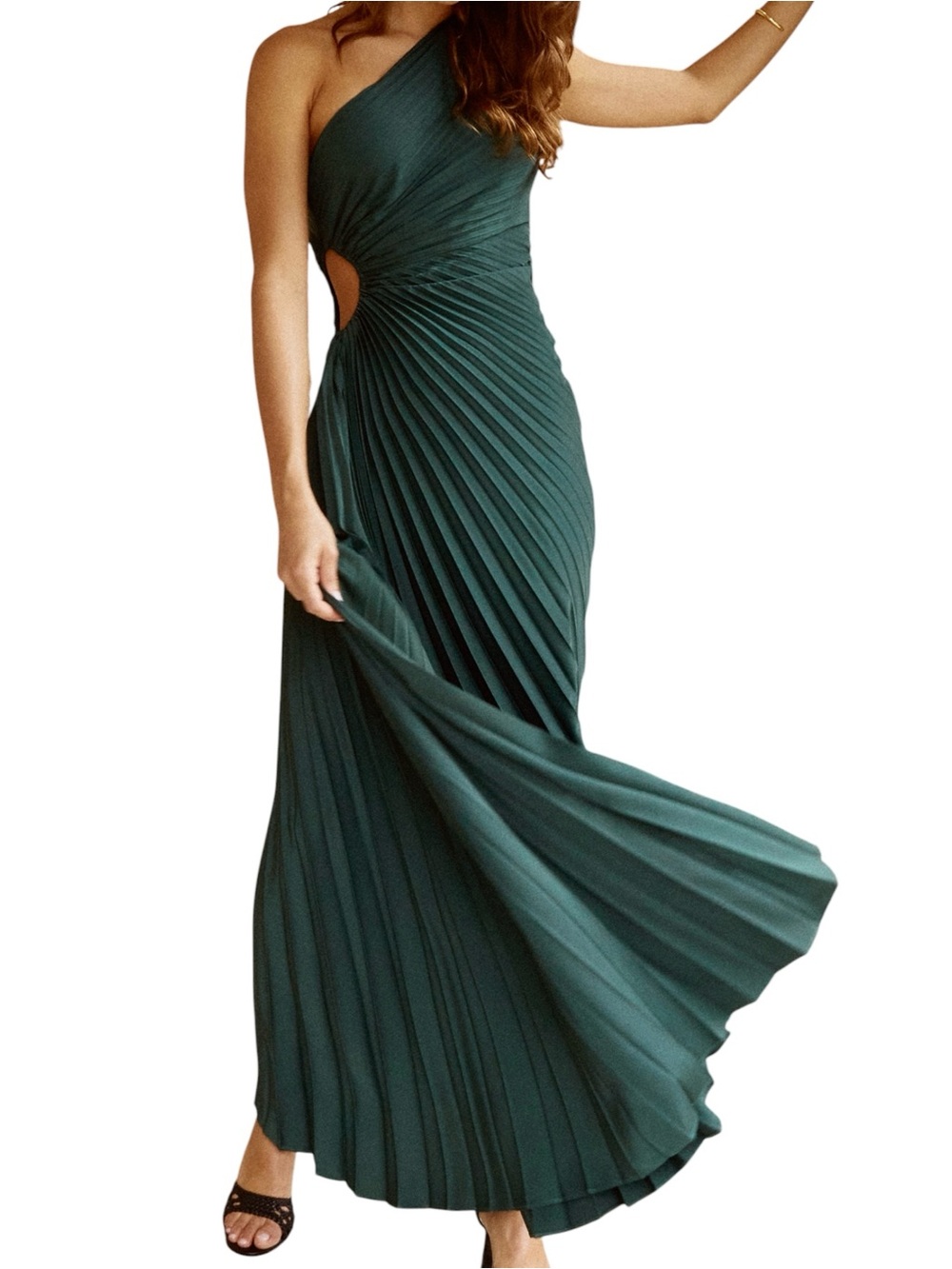 Few Moda O.P.T. Perko Dark Green Dress Pleated Side Cutout One Shoulder Maxi